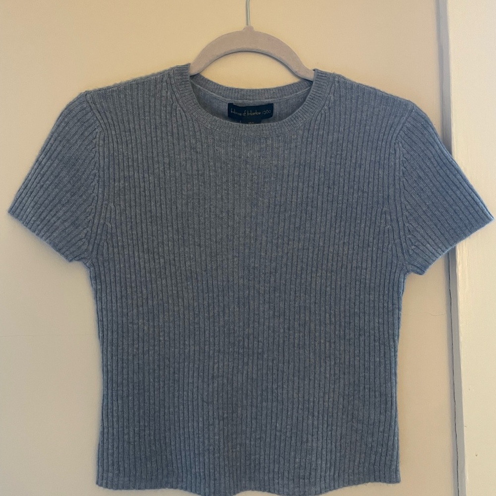 Light Blue Ribbed Cashmere Short Sleeve Top